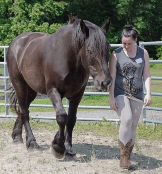 Woman walking freely beside a horse with balance and connection between them.