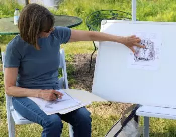 Ginger Krantz seated outdoors and teaching a class on equine healing, points to the spinal medulla on anatomy drawing of the brain of a horse.
